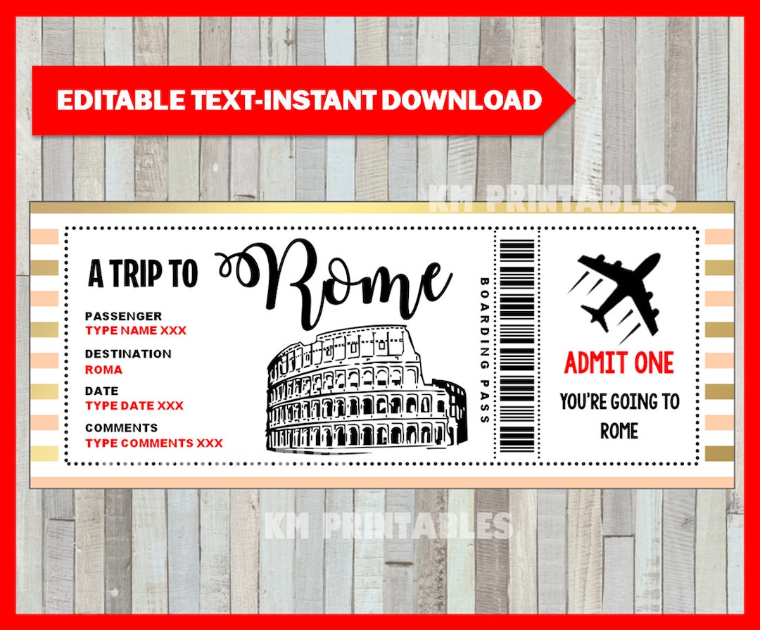 Rome Birthday Boarding Pass Gift, Surprise Trip, Getaway, Holiday