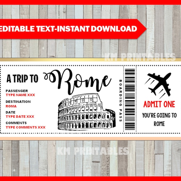 Rome Birthday Boarding Pass Gift, Surprise Trip, Getaway, Holiday, Printable Plane Ticket, Voucher, Editable, INSTANT DOWNLOAD