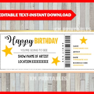 Concert Ticket Birthday Gift, Printable template, Surprise Concert, Show, Band, Gift Certificate, Editable, INSTANT DOWNLOAD