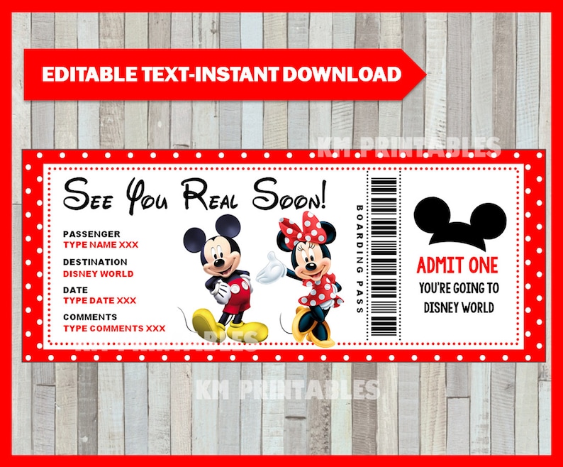 printable ticket to disney diy personalize disney world etsy