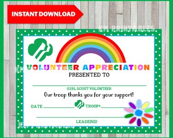 Girl Scout Volunteer Appreciation Certificate, PDF Template INSTANT DOWNLOAD