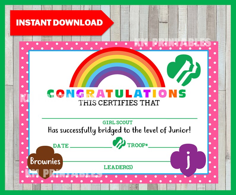 Girl Scout Bridging Certificate Brownie to Junior Printable - Etsy
