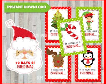 May include: A festive Christmas-themed digital download featuring a Santa Claus face and cards with holiday characters. The cards include a Christmas tree, elf, candy cane, reindeer, and penguin. Text includes "12 Days of Christmas" and "Instant Download."