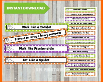 Può includere: Un set di strisce per attività di Halloween stampabili con vari suggerimenti come Walk like a zombie, Pretend to carry a heavy pumpkin, Walk like Frankenstein e Act Like a Spider, su uno sfondo in legno chiaro con una freccia verde.