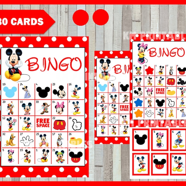 Mickey Mouse Bingo Game - Printable - 30 different Cards - Party Game Printable - Half Page Size - INSTANT DOWNLOAD