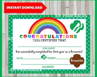 Completion of first year of brownies, Girl Scout Certificate, Printable Instant Download