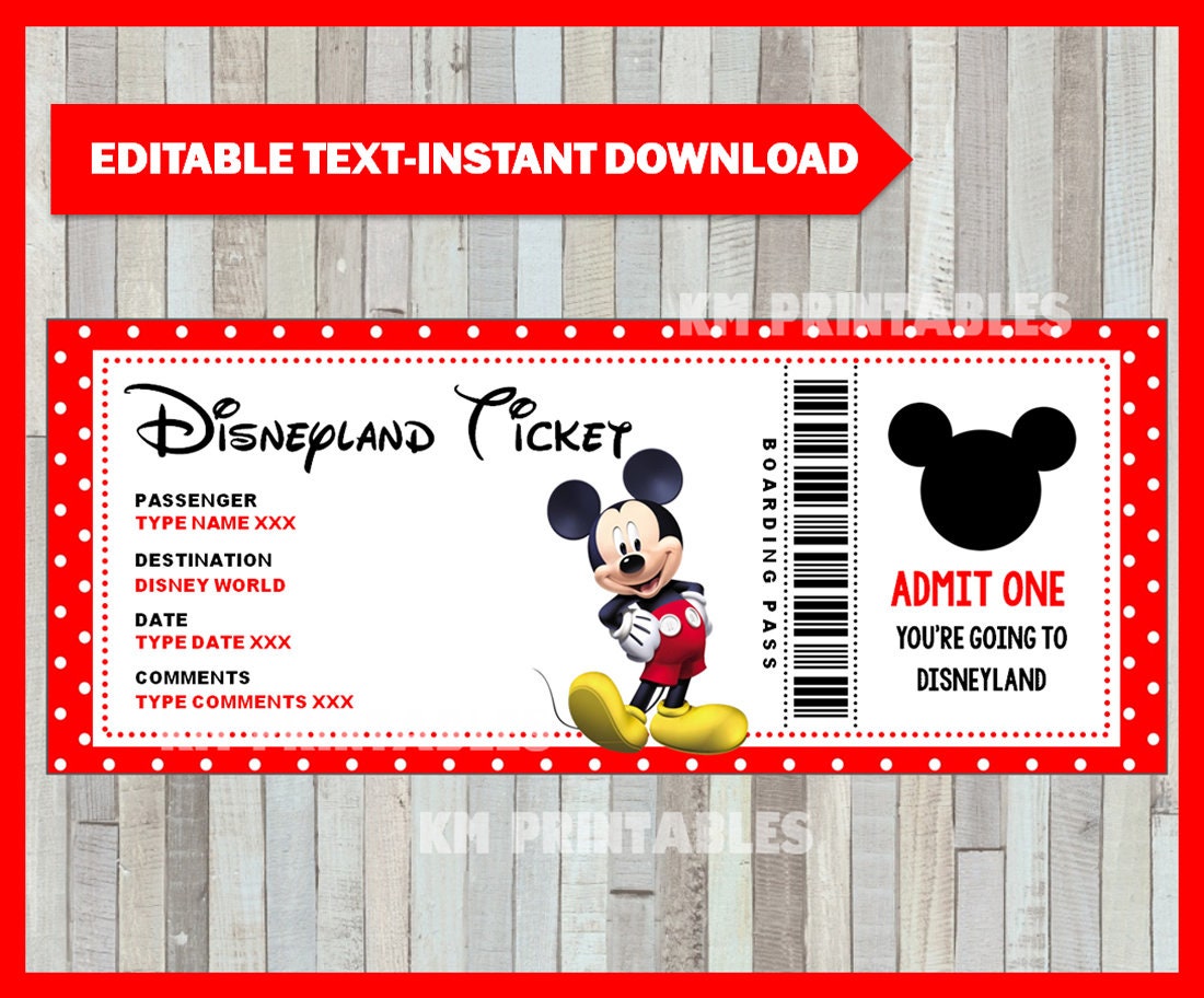 Printable Ticket to Disney DIY Personalize Disneyland | Etsy