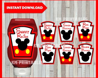 Printable Mickey Mouse condiments labels , Mickey Mouse party condiments labels, Printable Mickey condiment Instant Downlaod