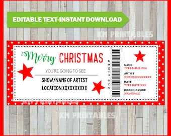 Può includere: Un biglietto a tema natalizio con bordo rosso e interno bianco. Il biglietto presenta il testo "Merry Christmas" in verde e rosso, insieme allo spazio per i dettagli dello spettacolo e un codice a barre. Include il testo "Editable Text-Instant Download".