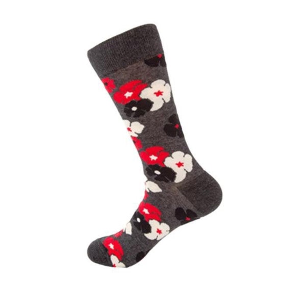 Unisex, Floral Socks, Cute Socks, Fun Socks, Wedding Socks, Casual, Crew Socks, Get Your Bloom On Socks! Gray with red, white and black