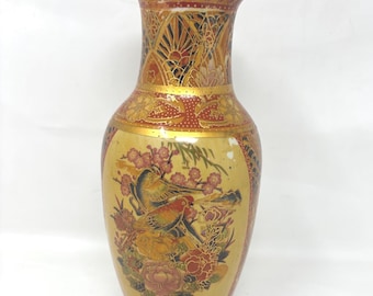 Vaso in porcellana orientale vintage stile Satsuma dipinto a mano - Motivo floreale con uccelli in rilievo Moriage, decorazione per la casa giapponese asiatica anni '70, 21,5 cm