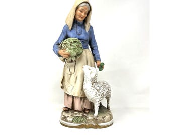 Homco Figurine Farmer's Wife Old Lady Feeding Lamb Sheep