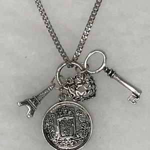 Charm Necklace Antiqued Eiffel Tower Key Heart Coin 30&quot; Long
