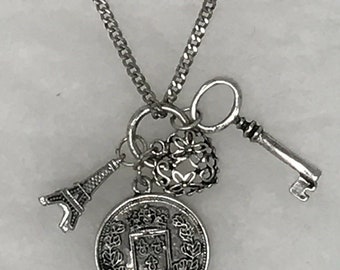 Charm Necklace Antiqued Eiffel Tower Key Heart Coin 30" Long