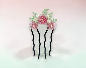 Handmade rose flowers hair comb, floral hair accessory made in France.