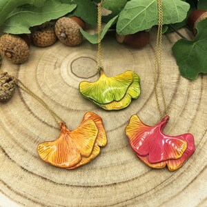 Handmade Ginkgo Polymer Clay Pendant Necklace made in France with 3 couleurs to choose gift for mothers women girlfriends