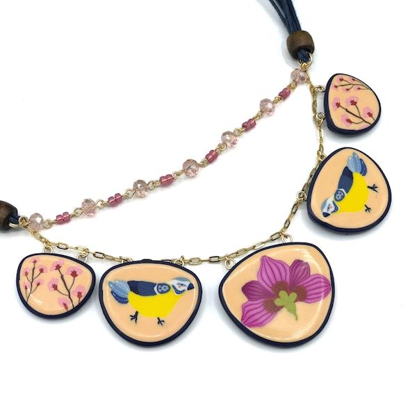 Collier 2 rangs floral Magnolia fait main en pâte polymère fabriquées en France, cadeau pour femme