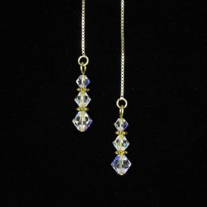 14K Gold Vermeil Threader Adjustable Length Pull Through Ear Thread Dangle Earrings w/ AB Austrian Crystal