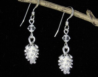 Pinecone Charm Sterling Silver Hook Dangle Earrings w/ Austrian Crystal