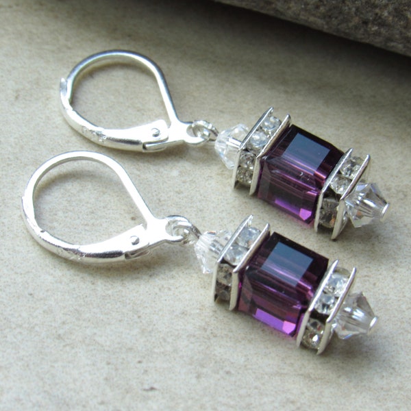 February Birthstone Sterling Silver Dangle Earrings w/ Amethyst Purple Austrian Crystal Cube