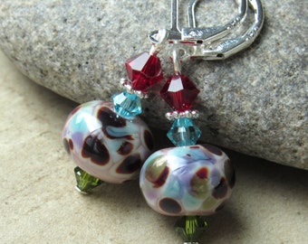Artisan Multicolor Lampwork Sterling Silver Leverback Dangle Earrings w/ Austrian Crystal