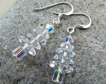 Christmas Tree Sterling Silver Hook Dangle Earrings w/ Austrian Crystal