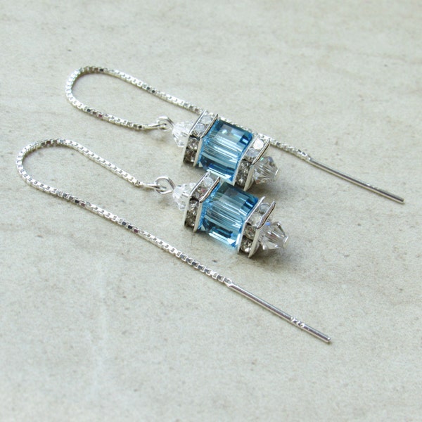March Birthstone Sterling Silver Threader Adjustable Length Pull Through Ear Thread Dangle Earrings w/ Aquamarine Blue Austrian Crystal