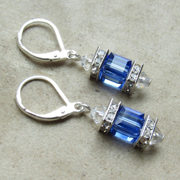 September Birthstone Sterling Silver Dangle Earrings w/ Sapphire Blue Austrian Crystal Cube