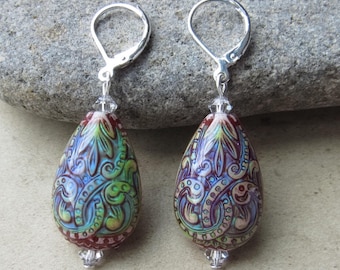 Multi-Color Changing Teardrop Mirage Mood Bead Sterling Silver Leverback Dangle Earrings w/ Austrian Crystal