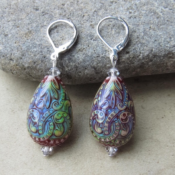 Multi-Color Changing Teardrop Mirage Mood Bead Sterling Silver Leverback Dangle Earrings w/ Austrian Crystal