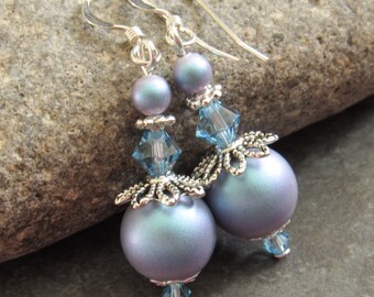 Handmade Sterling Silver Hook Dangle Earrings w/ Iridescent Light Blue Austrian Crystal Pearl & Aquamarine Austrian Crystal