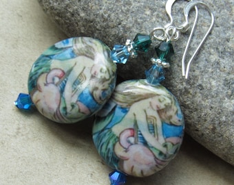 Mermaid Sterling Silver Hook Dangle Earrings w/ Austrian Crystal