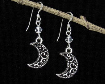 Filigree Crescent Moon Charm Sterling Silver Hook Dangle Earrings w/ Austrian Crystal