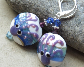 Blue Purple Ocean Octopus Lampwork Sterling Silver Leverback Dangle Earrings w/ Austrian Crystal