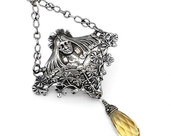 Art Nouveau European Silver Lady Necklace with Citrine Drop