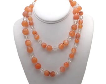 Art Deco Long Natural Carnelian and Crystal Glass Beads Necklace - 86cms