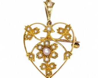 English Edwardian 15K Gold and Seed Pearl Heart Pendant/Brooch