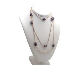 Antique Italian Murano Beads on Rose Gold Rolled Long Guard Chain - 132cms