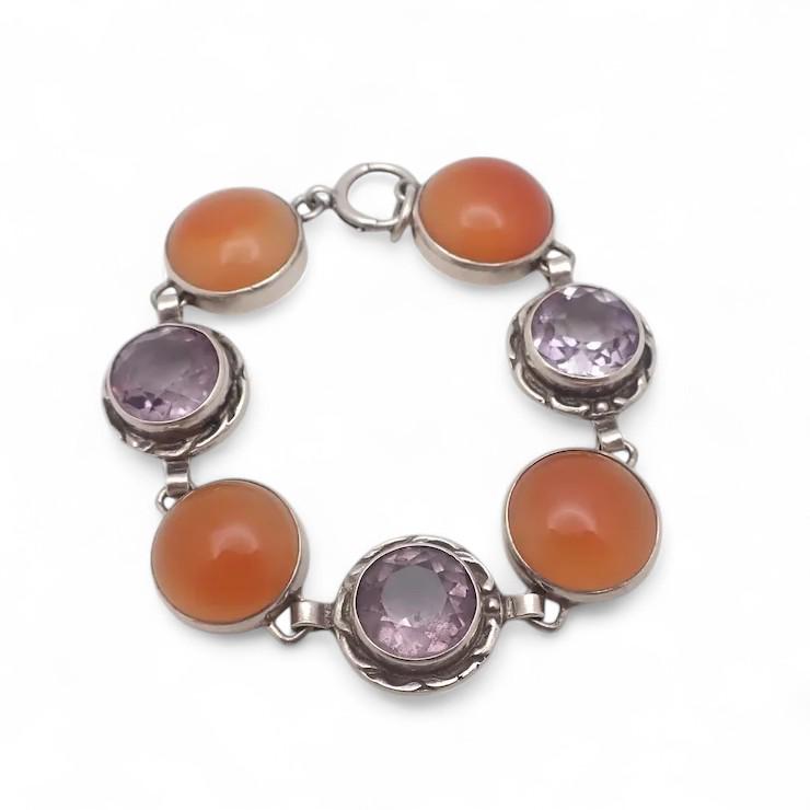 Scottish Sterling Silver Amethyst and Carnelian Agate Bracelet Circa 1920