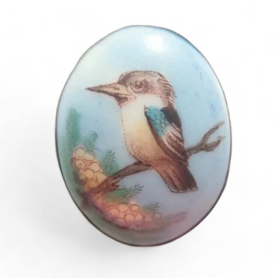 English Victorian Painted Kingfisher Brooch on 9K… - image 1