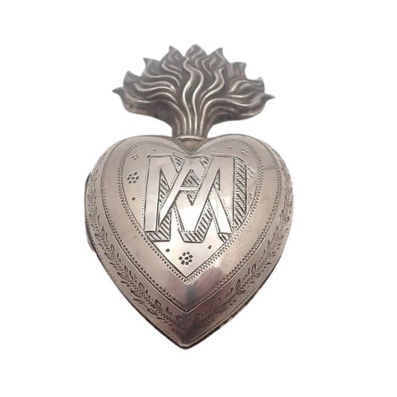 French Antique Large Silver Heart of Mary Ex-Voto