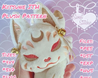 May include: White plush kitsune with embroidered details, including a crescent moon, red eyes, and gold bells. The plush is available in five sizes: 4x4, 5x7, 6x10, 7x12, and 8x14 inches. The image also includes the text "KITSUNE ITH PLUSH PATTERN" and "Sweet Stitches".