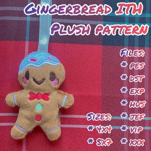 May include: A gingerbread man plush toy with blue icing and sprinkles on its head. The toy is brown with red and green accents. The image includes text that says "Gingerbread Itth Plush Pattern" and lists the file types and sizes available for the pattern.