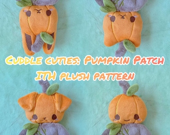 May include: Four plush pumpkin-shaped toys made from grey and orange fabric. The toys have embroidered details and are labelled "Cuddle Cuties: Pumpkin Patch ITH Plush Pattern".