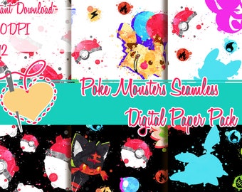 May include: A digital paper pack with four seamless patterns featuring Pokemon characters in a watercolor style. The patterns include Pikachu, Charizard, Blastoise, and Venusaur. The patterns are on a white background with black and white splatters.