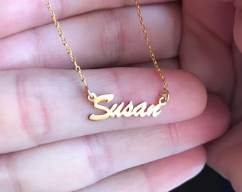 14K Solid Gold, Name Necklace, Personalized Name Necklace, Custom Name Plate Necklace, Tiny Gold Name Necklace, 14K Yellow Gold, Rose Gold