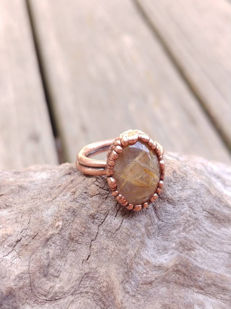 Golden Rutile Ring Golden Rulitated Quartz Jewelry Rutilated Quartz Ring Copper Electroformed Large Oval Gemstone Ring Boho Hippie Ring