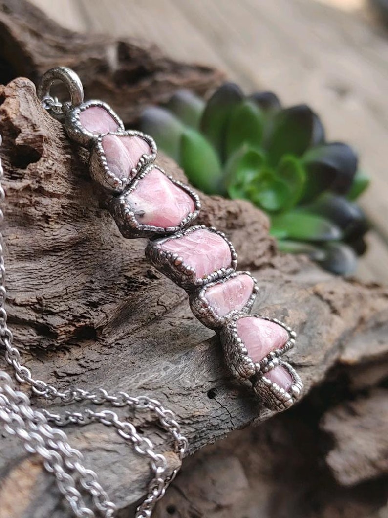 Silver Rhodochrosite Necklace Stainless Steel Rhodochrosite Pendant Copper Electroformed Raw Multi Gemstone Vertical Boho Hippie Pendant