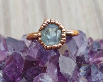 Aquamarine Copper Ring/ Natural Aquamarine Ring/ Copper Electroformed/ March Birthstone/ Blue Transparent Crystal Ring/ Irregular Shape