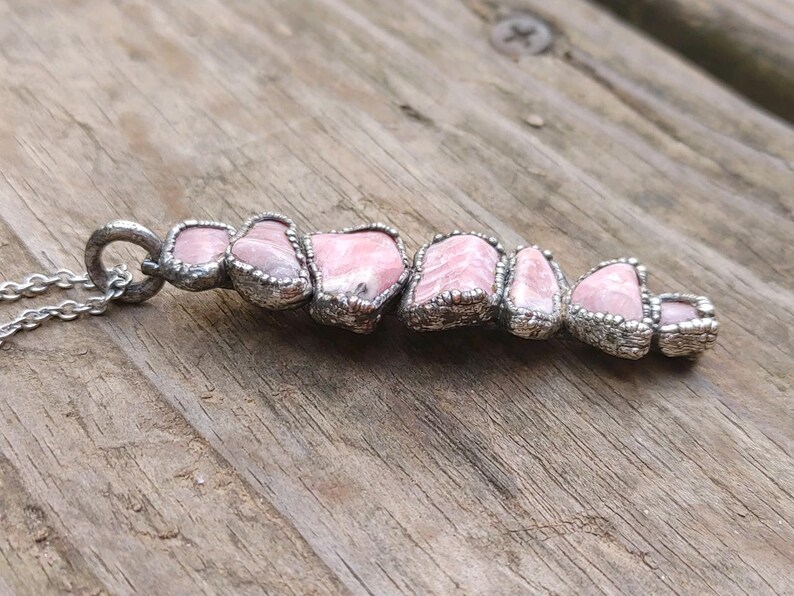 Silver Rhodochrosite Necklace Stainless Steel Rhodochrosite Pendant Copper Electroformed Raw Multi Gemstone Vertical Boho Hippie Pendant